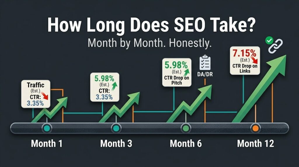 Realistic SEO timeline graphic showing month by month organic traffic growth from month one to month twelve