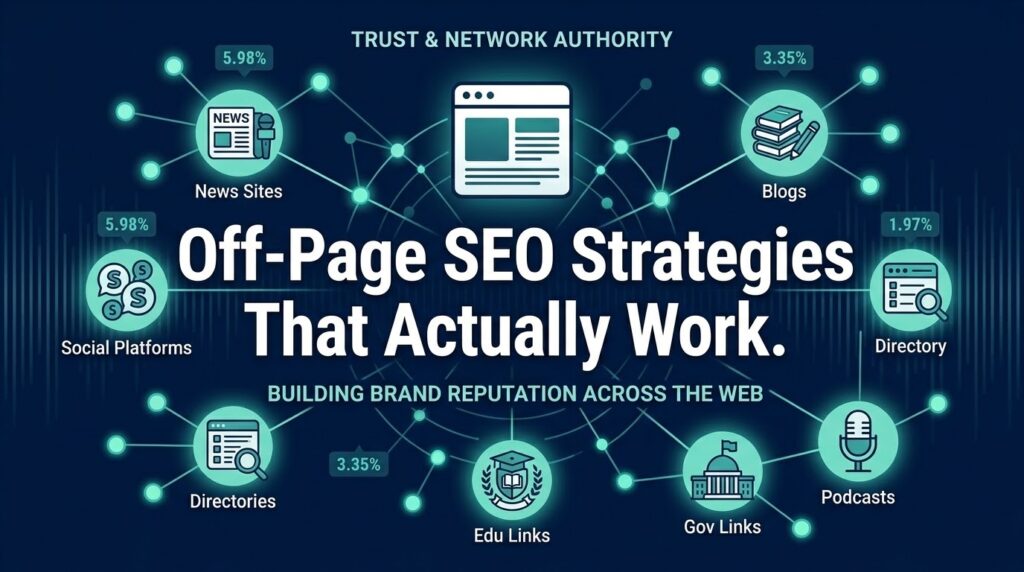 Off-page SEO strategies for small businesses showing backlinks and authority signals