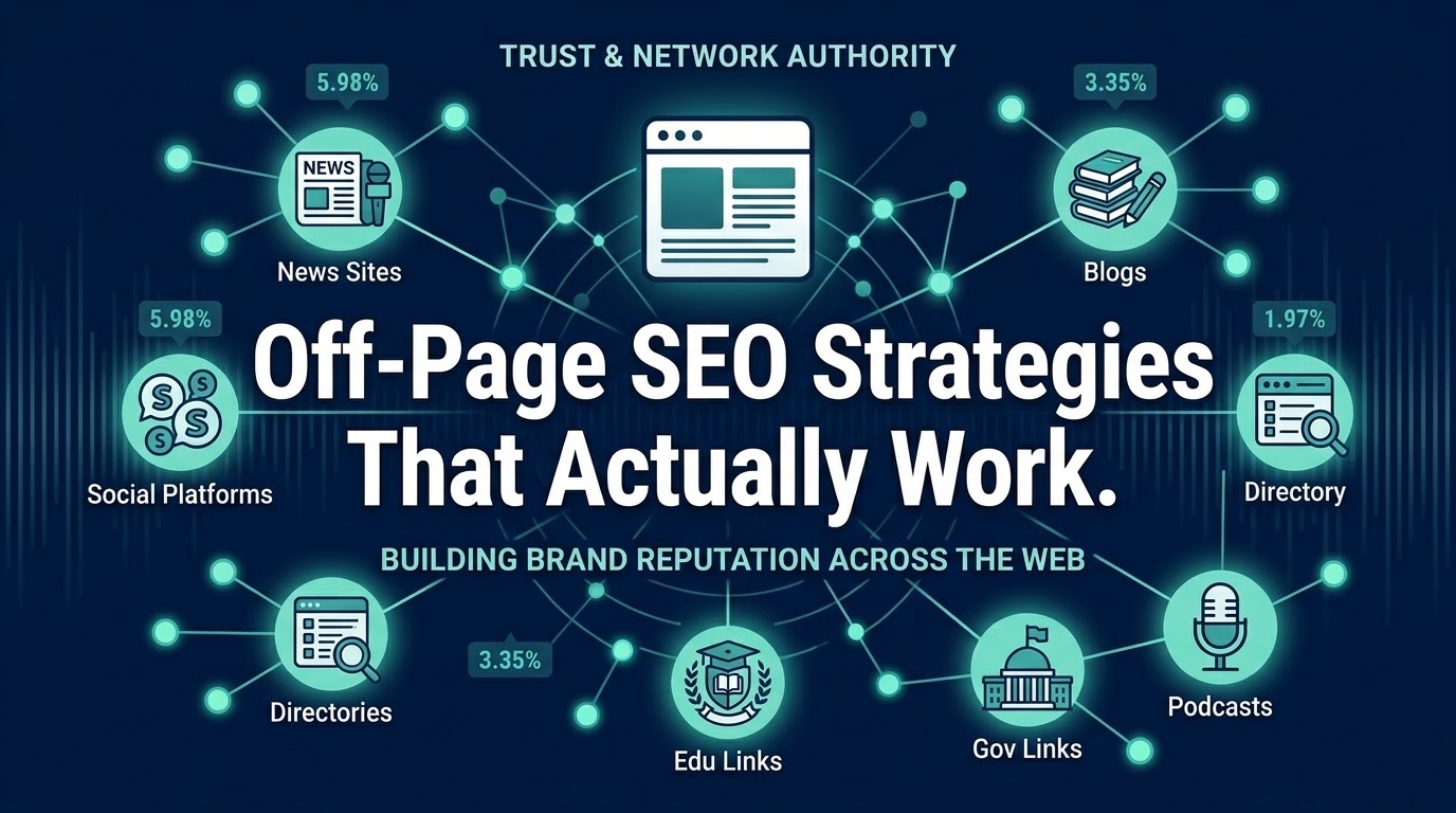 Off-page SEO strategies for small businesses showing backlinks and authority signals