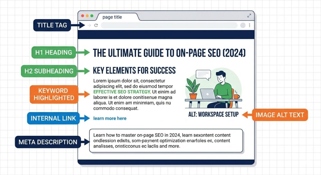 Diagram showing the key on-page SEO elements on a webpage including title tag, H1, meta description, and internal links