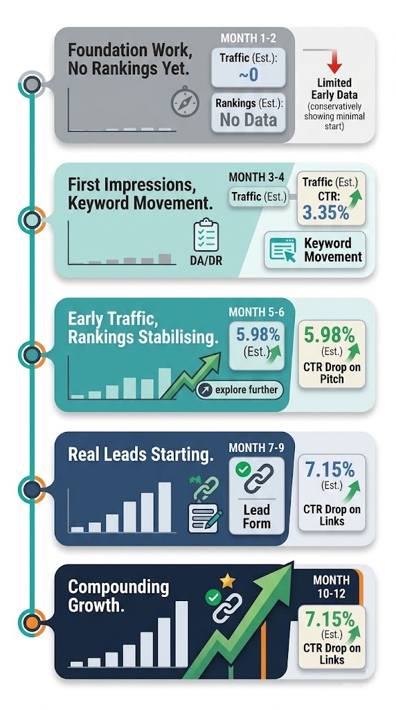 Month by month SEO timeline infographic showing progression from foundation work to compounding organic growth