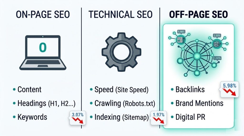 Off-Page SEO Strategies That Actually Move the Needle for Small Businesses 1 Diagram showing the three pillars of SEO with off-page SEO highlighted including backlinks brand mentions and digital PR